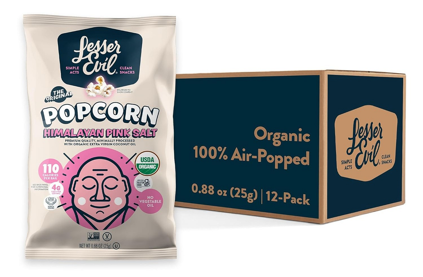 a package of LesserEvil Himalayan Pink Salt Organic Popcorn a package of LesserEvil Himalayan Pink Salt Organic Popcorn