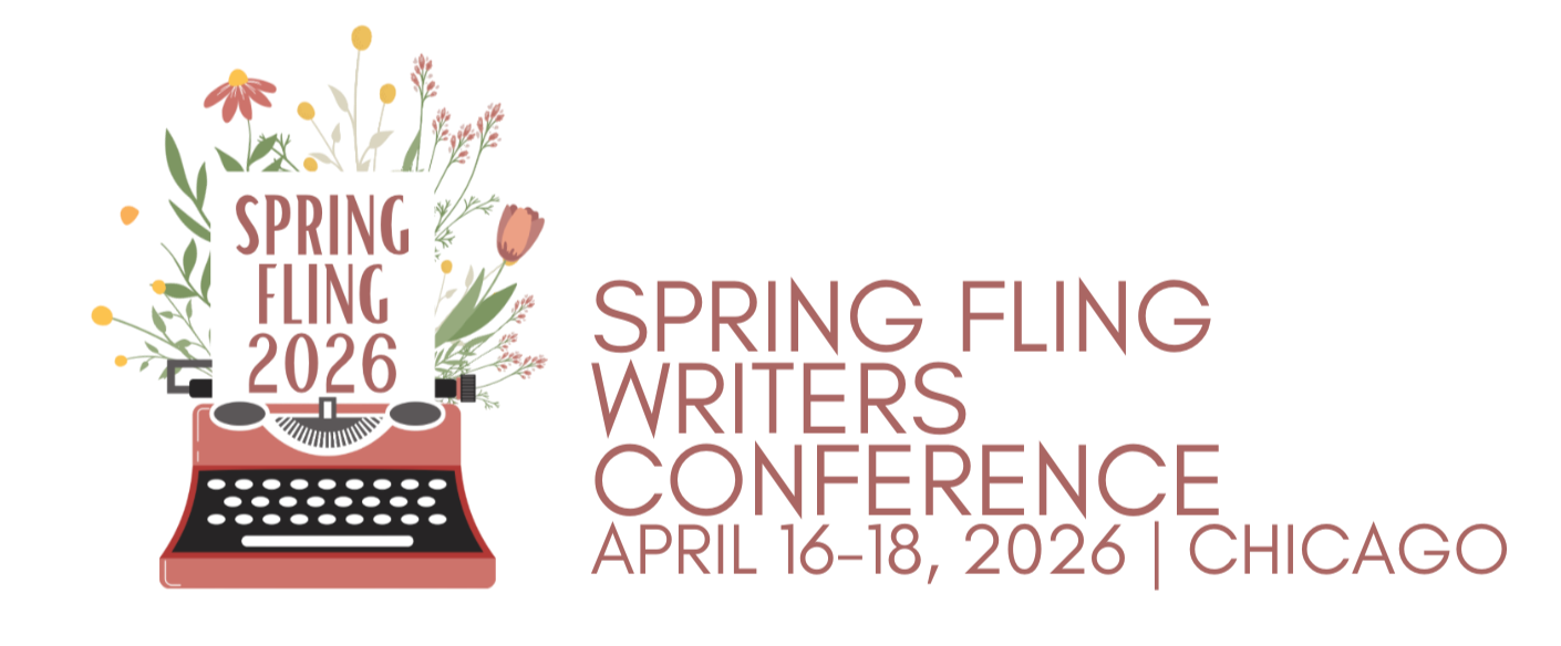 Image text: Spring Fling Writers Conference, April 16-18, 2026, Chicago. Image shows a graphic of a typewriter with flowers coming out of the top and a sheet of paper that reads "Spring Fling 2026"