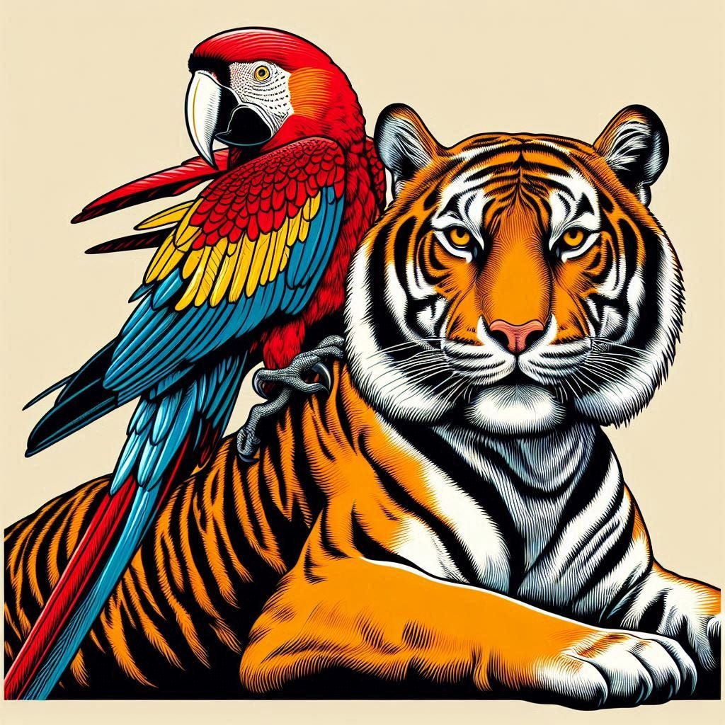 a scarlet macaw sitting on the back of a bengal tiger in the style of roy lichtenstein
