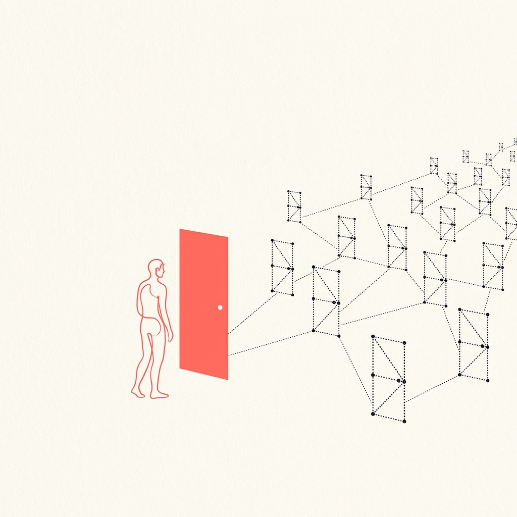 A coral red human figure faces one closed door while dozens of geometric constellation-style doors spread behind — illustrating AI self-directed experimentation at scale versus human one-at-a-time planning. A coral red human figure faces one closed door while dozens of geometric constellation-style doors spread behind — illustrating AI self-directed experimentation at scale versus human one-at-a-time planning.