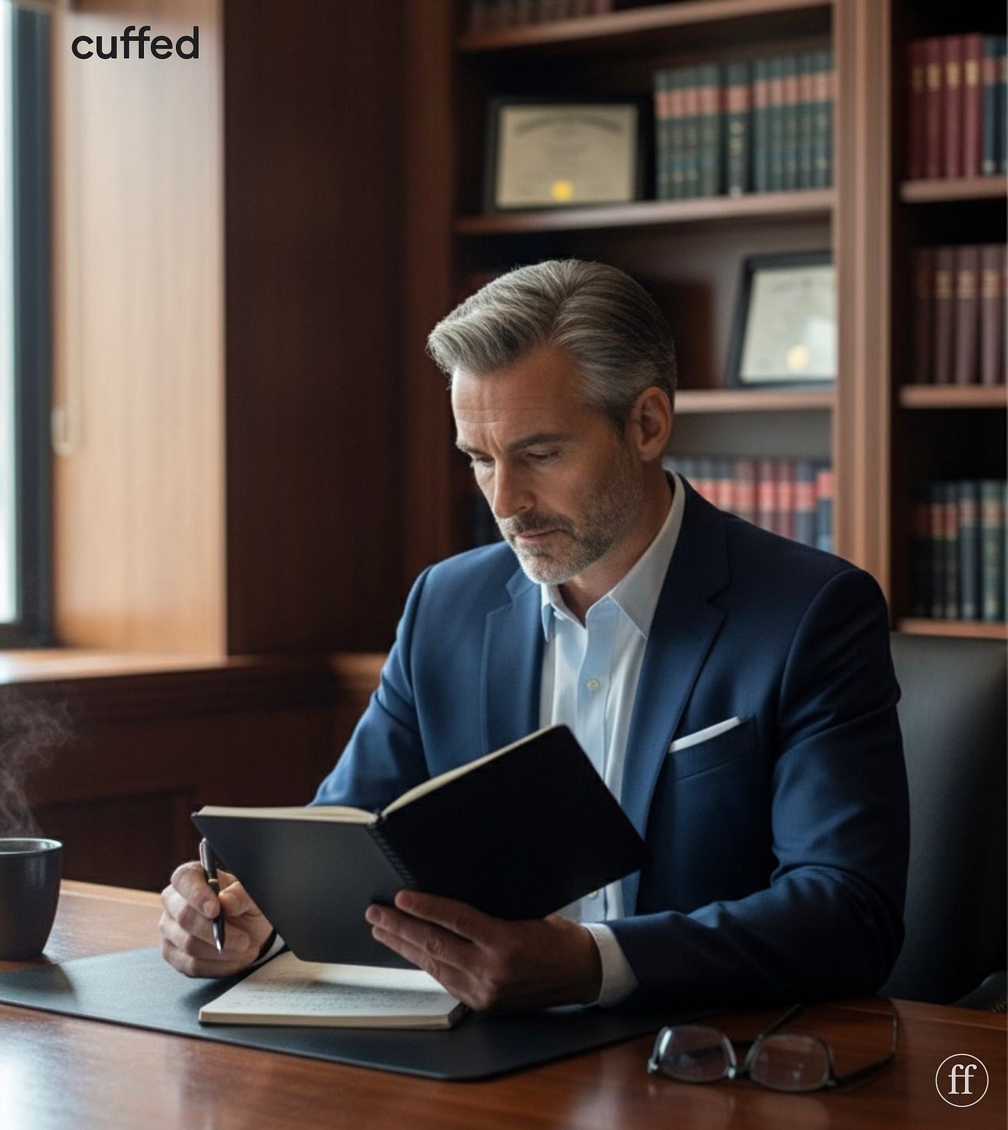 man seated at a wooden desk in a quiet study, reading a notebook with focused calm. dark navy suit, white shirt. warm window light with soft shadows creates a reflective, grounded mood. background bookshelves slightly blurred. cuffed wordmark top-left, fused ff logo bottom-right. emotional masculinity, grief integration, men + healing.