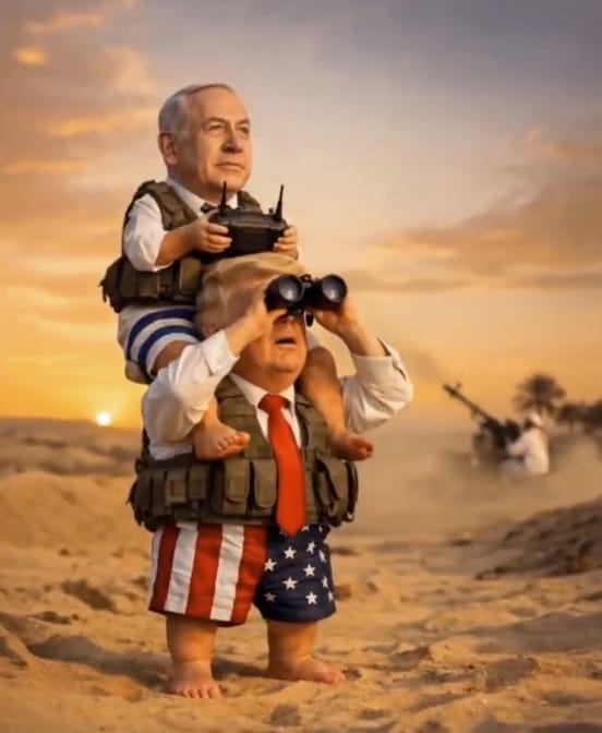 Cartoon image of Donald Trump and Benjamin Netanyahu watching the Iran war in the desert. Cartoon image of Donald Trump and Benjamin Netanyahu watching the Iran war in the desert.