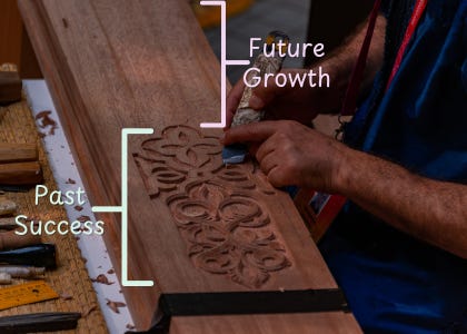 A piece of wood half carved with floral designs. The carving says "past success" and the uncarved part says "future growth"