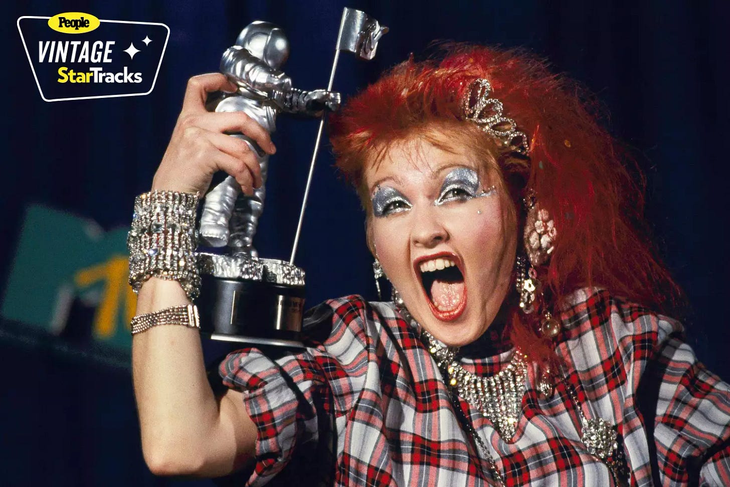 Singer Cindi Lauper reacting after receiving the MTV Award at the Radio City Music Hall in New York, September 14, 1984.