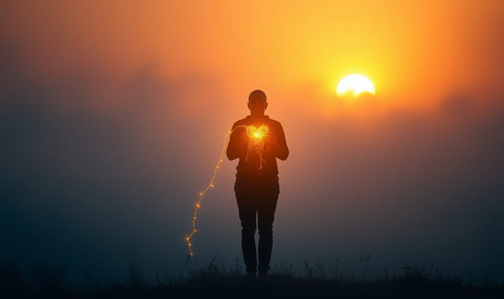 Silhouette on mountain peak releasing glowing heart energy at sunrise, symbolizing emotional trigger release and inner peace