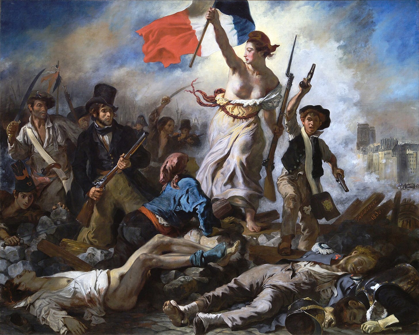 A barefoot woman stands atop a pile of fallen bodies, holding a French tricolor flag in one hand and a musket in the other. Her dress is torn and her chest is exposed. She leads a crowd of revolutionaries—workers, students, and citizens—through smoke and rubble. The spires of Notre Dame rise in the background.