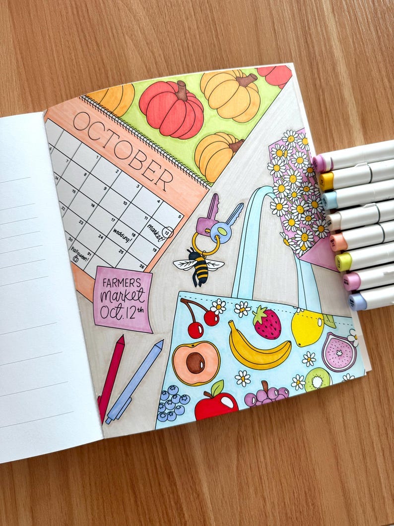 May include: A hand-drawn illustration of a calendar page for October with a reminder for a farmers market on October 12th. The calendar is next to a tote bag with a floral pattern and filled with fruit and vegetables. The tote bag is decorated with a bee and keys.