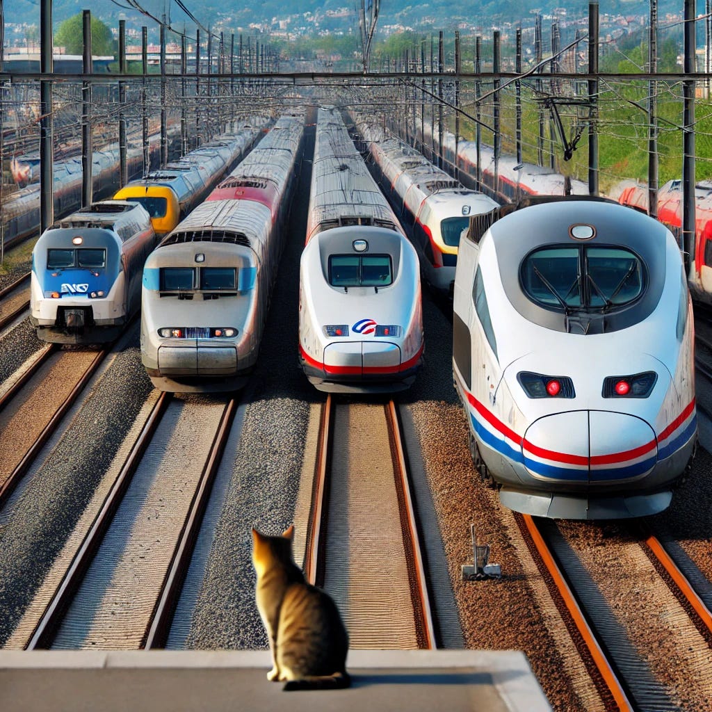 High-speed trains from SNCF, Deutsche Bahn, and CFF on the same tracks, with a cat watching from the side