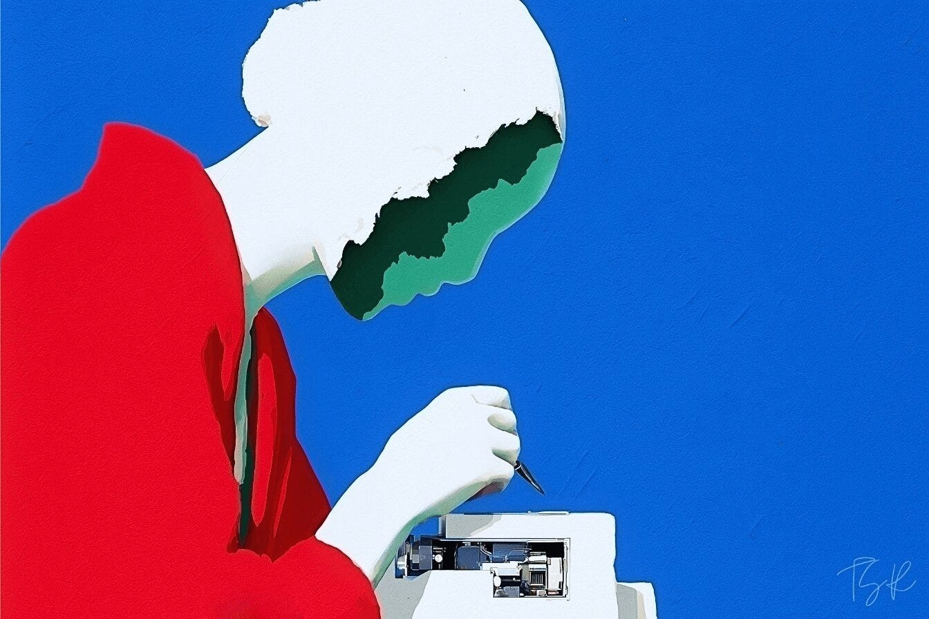 Surreal pop-art illustration of a human figure in red, serving as a visual metaphor for the tension of artificiality. The figure’s head is dramatically hollowed out, revealing jagged green layers, as it works on a small mechanical device.
