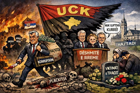 Karikaturat satirike që zbulojnë anën e errët të pasluftës: korrupsioni, kapja e UÇK-së nga elitat politike dhe ekonomike, manipulimi i narrativës patriotike, pasurimi i një pakice dhe harresa e viktimave reale të luftës. Ndërsa drejtësia hesht dhe propaganda flet, barra e pasojave bie mbi veteranët, familjet e dëmtuara dhe fëmijët e varfërisë.