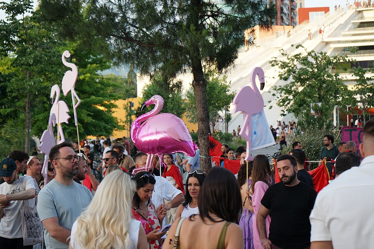 Protests against the government, opposition politicians and foreign luxury resorts in nature reserves – so called Flamingo Revolution – on Dëshmorët e Kombit Boulevard in Tirana, 14 June.