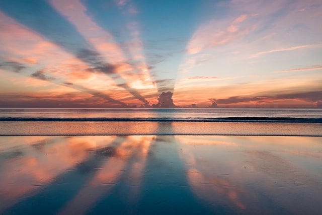 The Ocean and the sunset on the horizon.