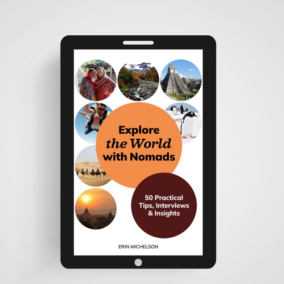 Book title “Explore the World with Nomad” written in black font in an orange circle and the subtitle “50 Practical Tips, Interviews & Insights” in white font in a burgundy circle. These larger circles are surrounded by 7 other circles filled with colorful photos of people, animals, and destinations. The digital book image is encased in an e-reader device.