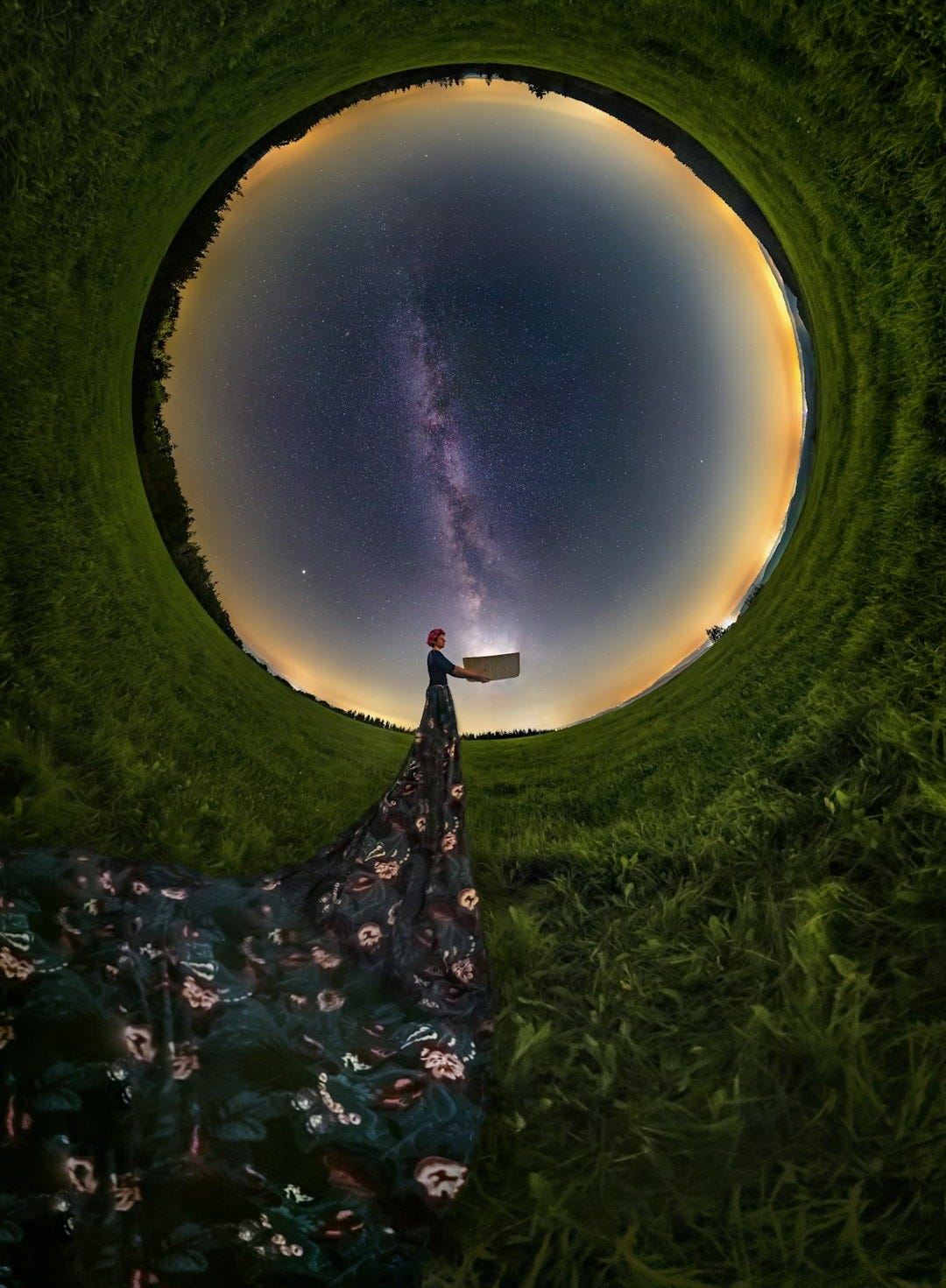 a person standing in a field looking at the stars