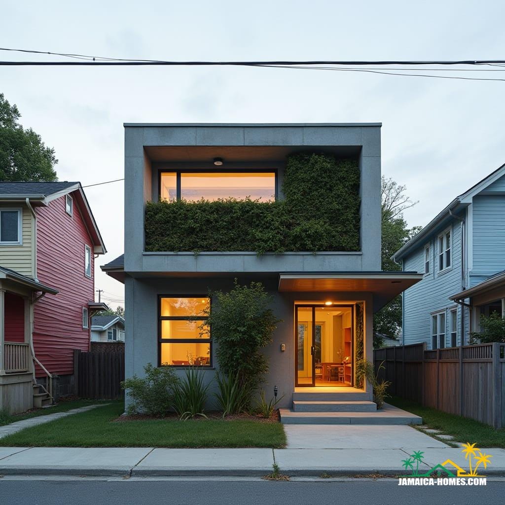 Compact Urban Modern Home Design: Single 20-ft concrete module with overlapping steel porch, urban small-lot optimized. Materials: Concrete, steel, glass, wood accents.