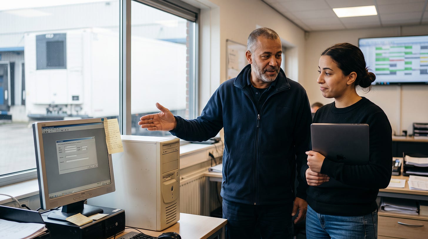 Een planner wijst een jonge collega op de oude computer in de hoek van het planningskantoor waarop alles nog draait Een planner wijst een jonge collega op de oude computer in de hoek van het planningskantoor waarop alles nog draait