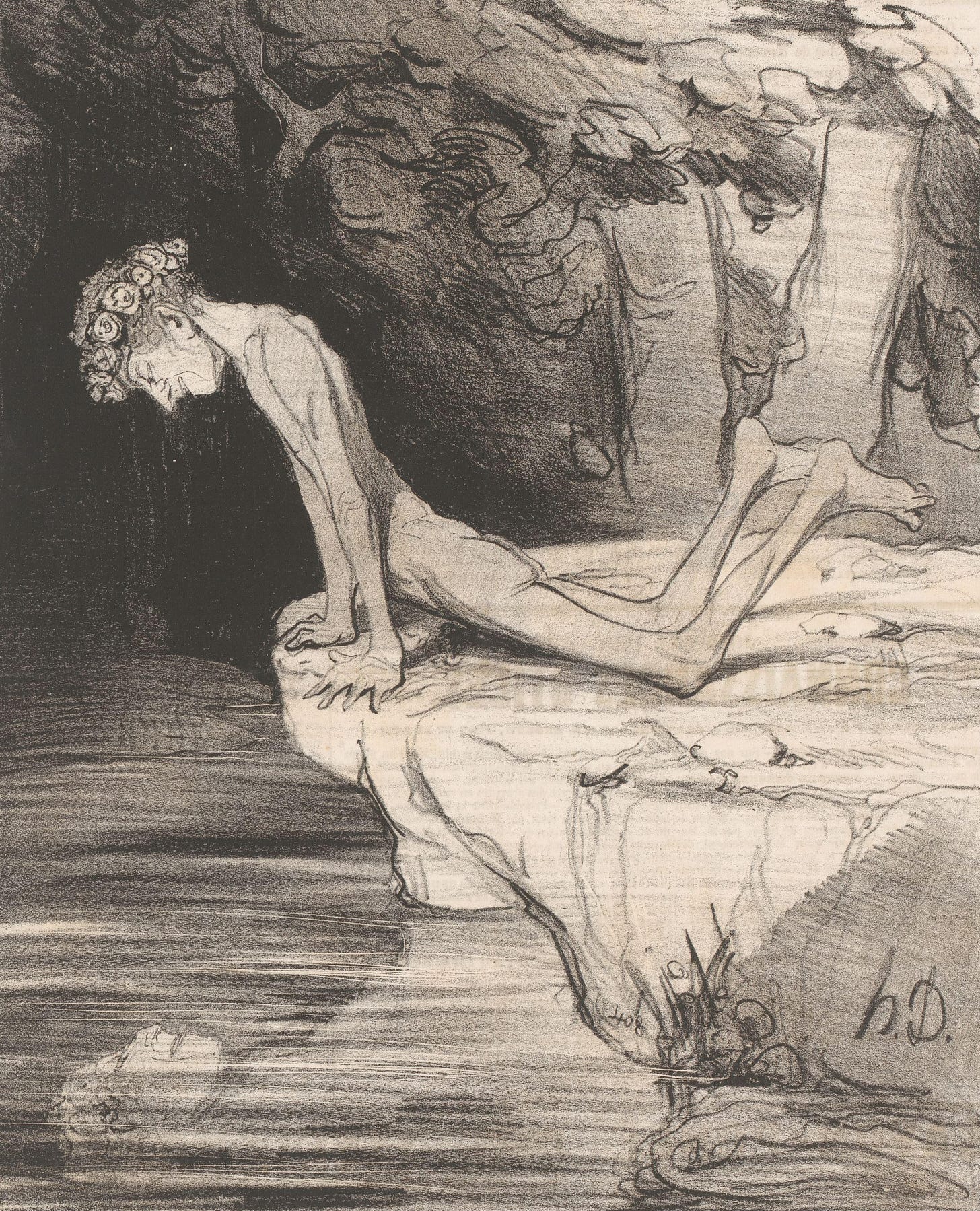 A black-and-white lithograph from 1842 of a skinny naked man grinning lasciviously at his reflection in a pool below A black-and-white lithograph from 1842 of a skinny naked man grinning lasciviously at his reflection in a pool below