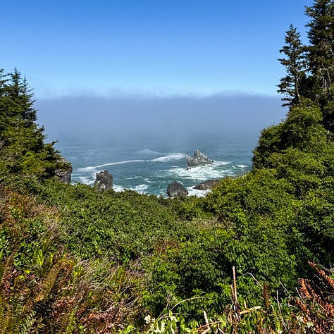 three views of Northern California coastline with rocky ocean shoreline, whitecaps on dark blue water and lush green foliage
