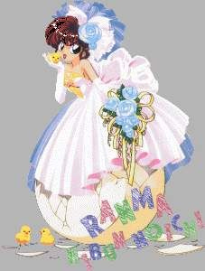 Ranma 1/2 art, showing the main character in "cursed form" (i.e. female), with red hair, wearing a wedding dress and hatching out of an egg.