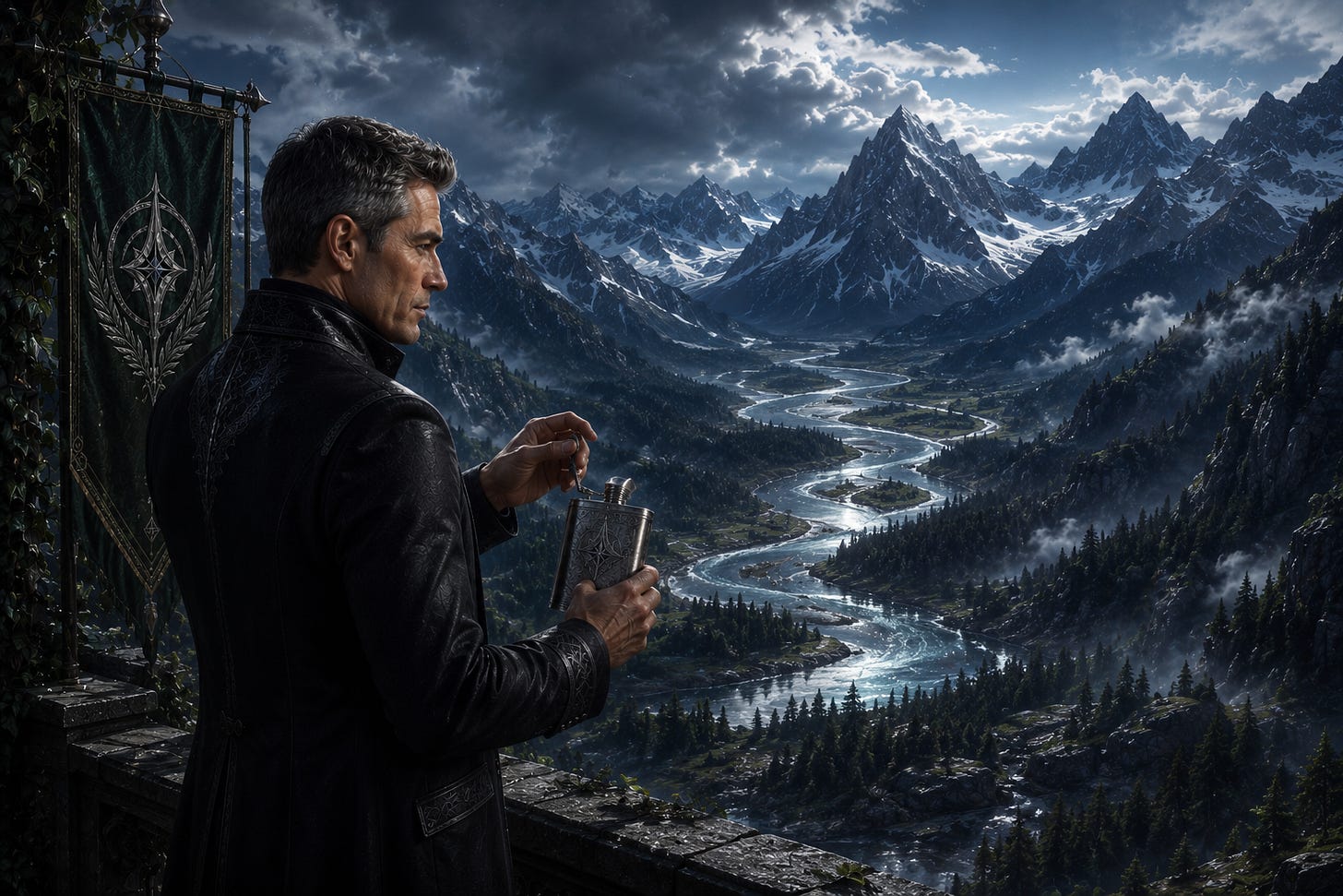 Keefee Minoth overlooking the Spineback mountains while flicking the lid of his flask.