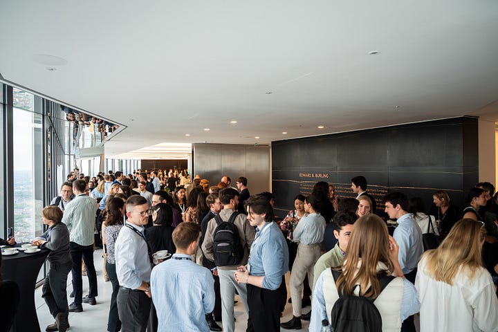 Two photos of an event, showing people speaking on stage and networking.
