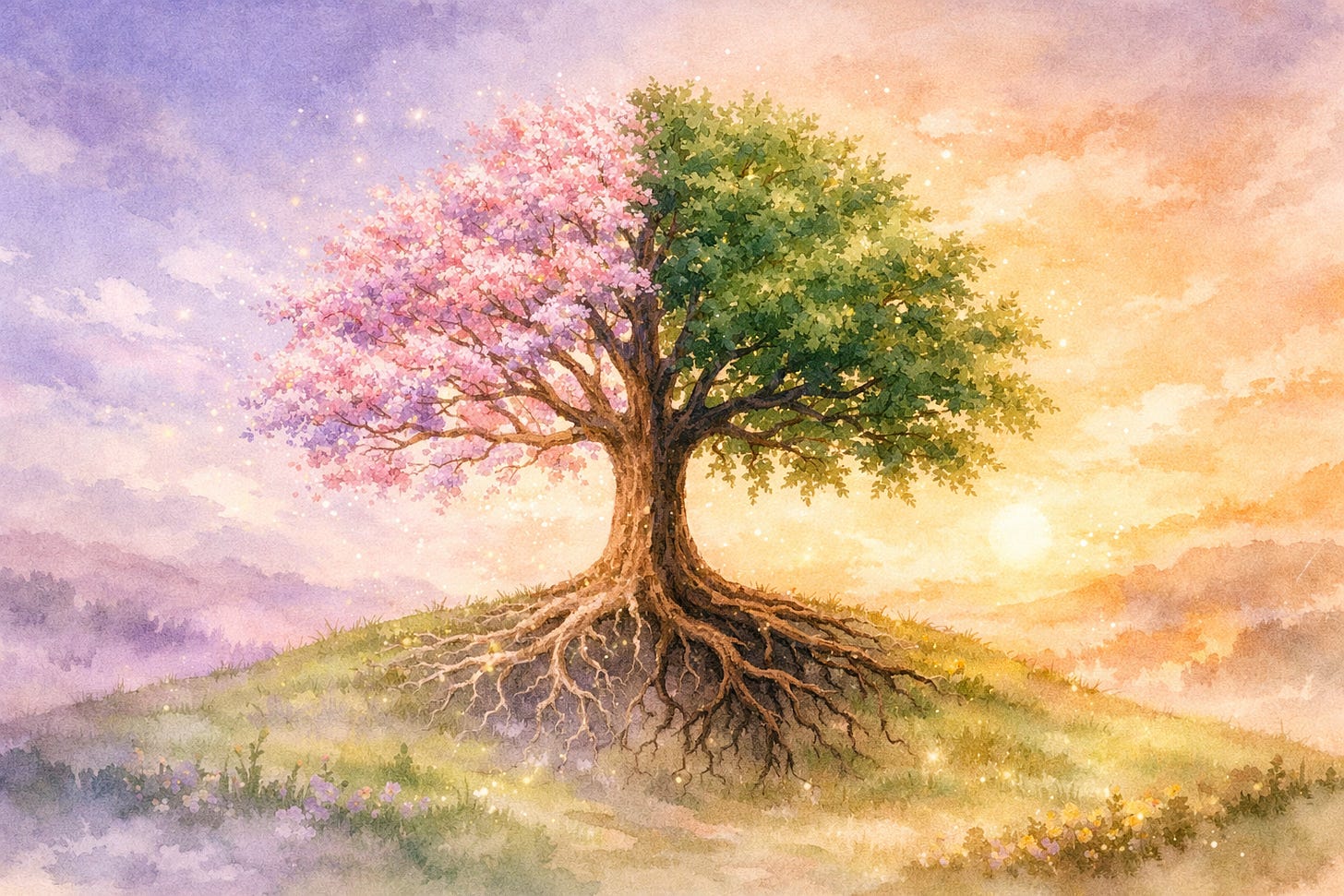 들판 위에 홀로 선 나무가 사계절의 흐름을 견디며 꽃을 피워내는 몽환적인 수채화 일러스트. 사람마다 각기 다른 전성기와 인생의 계절이 있음을 상징하는 이미지입니다.