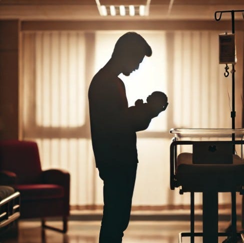 Dad in a hospital room holding a newborn baby.