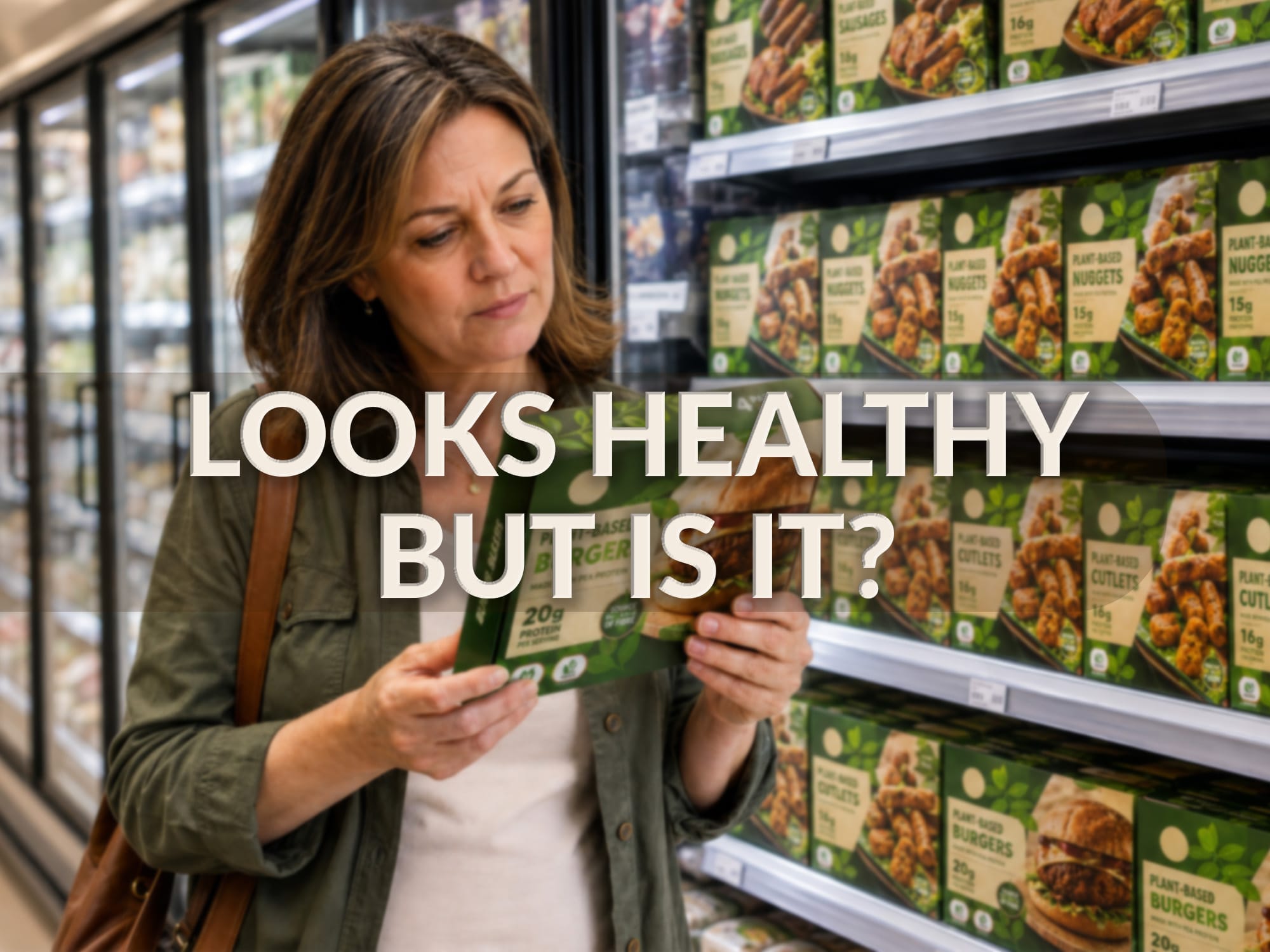 A woman studies a pack of plant-based meat in a grocery store.