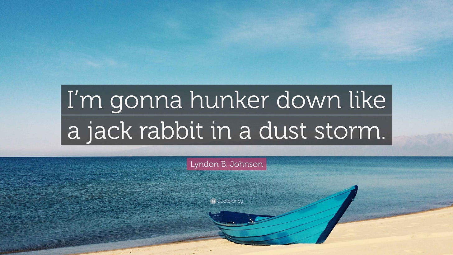 Lyndon B. Johnson Quote: "I'm gonna hunker down like a jack rabbit in a ...