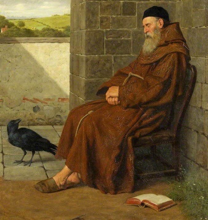 This may contain: a painting of a man sitting on a bench next to a bird