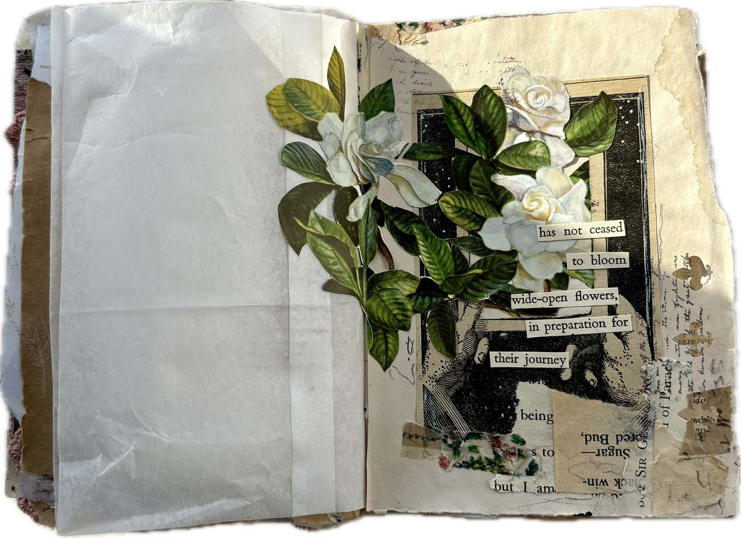 Junk journal page with collage papers, floral, and cut-out words from a book.