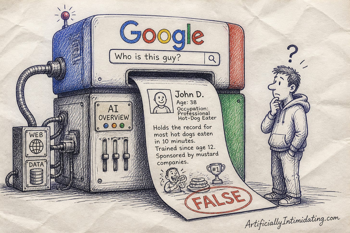Editorial cartoon: a Google-colored AI Overview machine prints a long official-looking biography for a confused man; the printout falsely claims he is a champion competitive hot-dog eater and is stamped FALSE in red. Editorial cartoon: a Google-colored AI Overview machine prints a long official-looking biography for a confused man; the printout falsely claims he is a champion competitive hot-dog eater and is stamped FALSE in red.