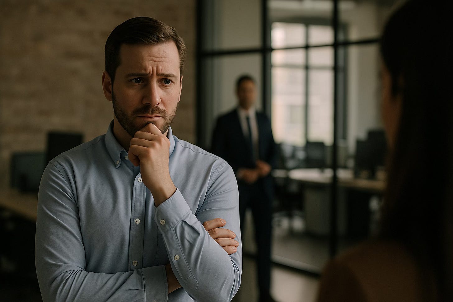 A man stands in a modern office, hand on his chin, looking uncertain as a new leader in a suit stands blurred in the background near the windows.