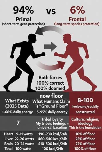 An abstract depiction of opposing forces Primal and Frontal in a dynamic struggle, with energy distribution labels.