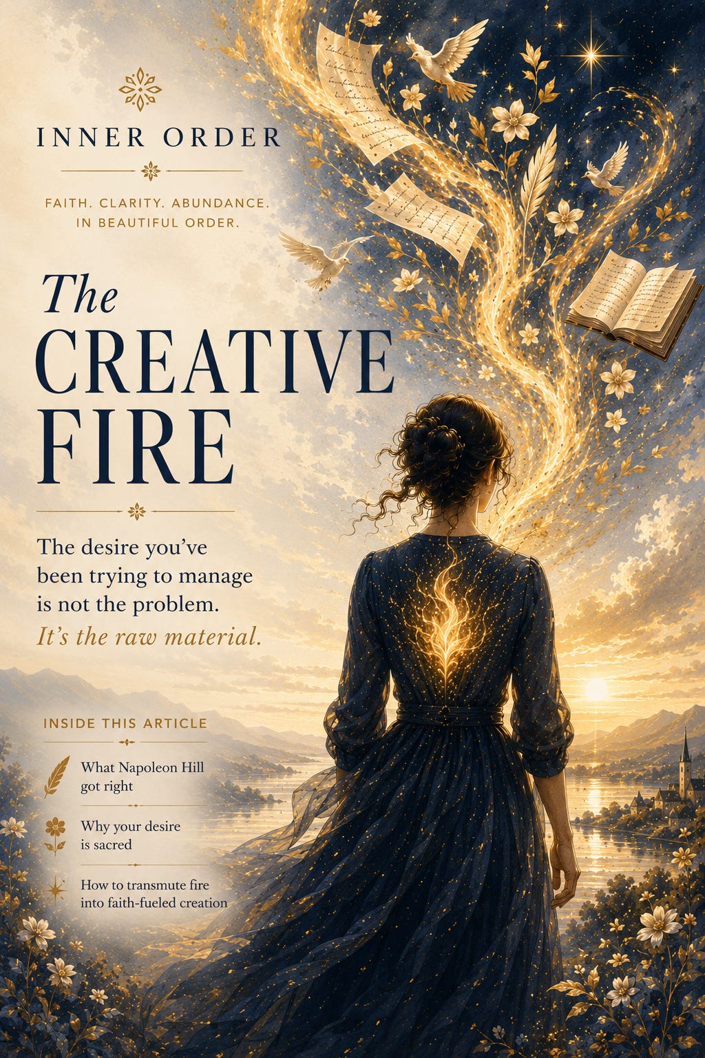 Elegant Pinterest graphic in navy, cream, and gold showing a figure surrounded by luminous creative energy, floating pages, flowers, and birds beneath the title “The Creative Fire,” representing inspiration, purposeful desire, and spiritual growth.