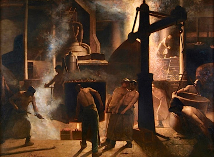 'Foundry of Seraing' - Olieverf op doek: Constantin Meunier