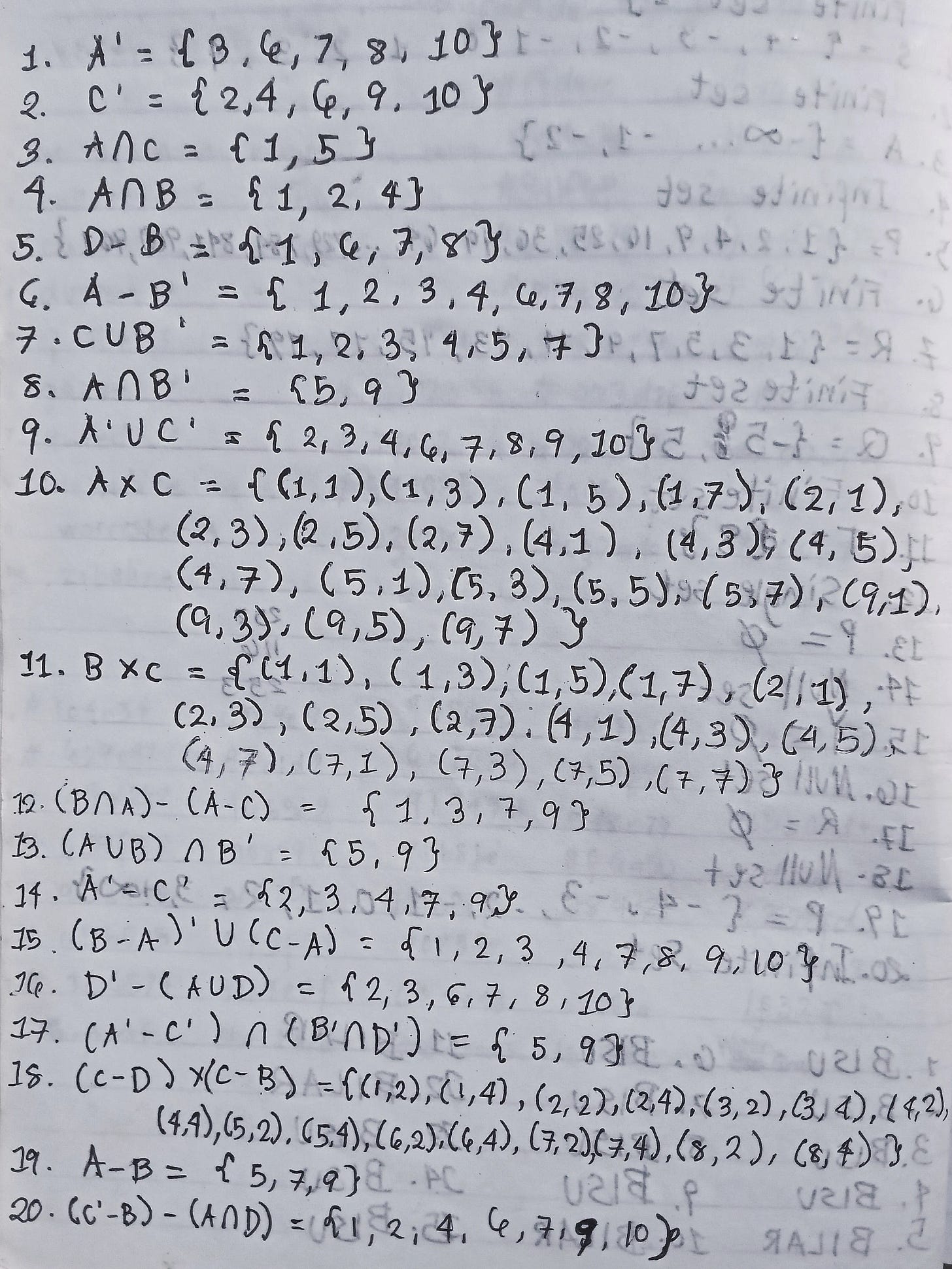Handwritten mathematical set theory problems showing various set operations and their solutions.