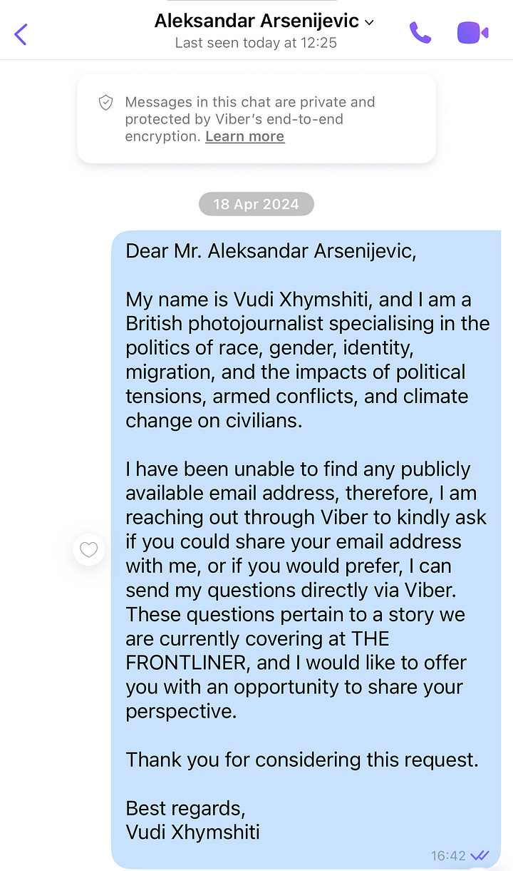 Screenshots of messages sent to Aleksandar Arsenijevic in April 2024 by The Frontliner Magazine (now Gunpowder Chronicles), requesting comment and offering him an opportunity to share his perspective. He never responded.
