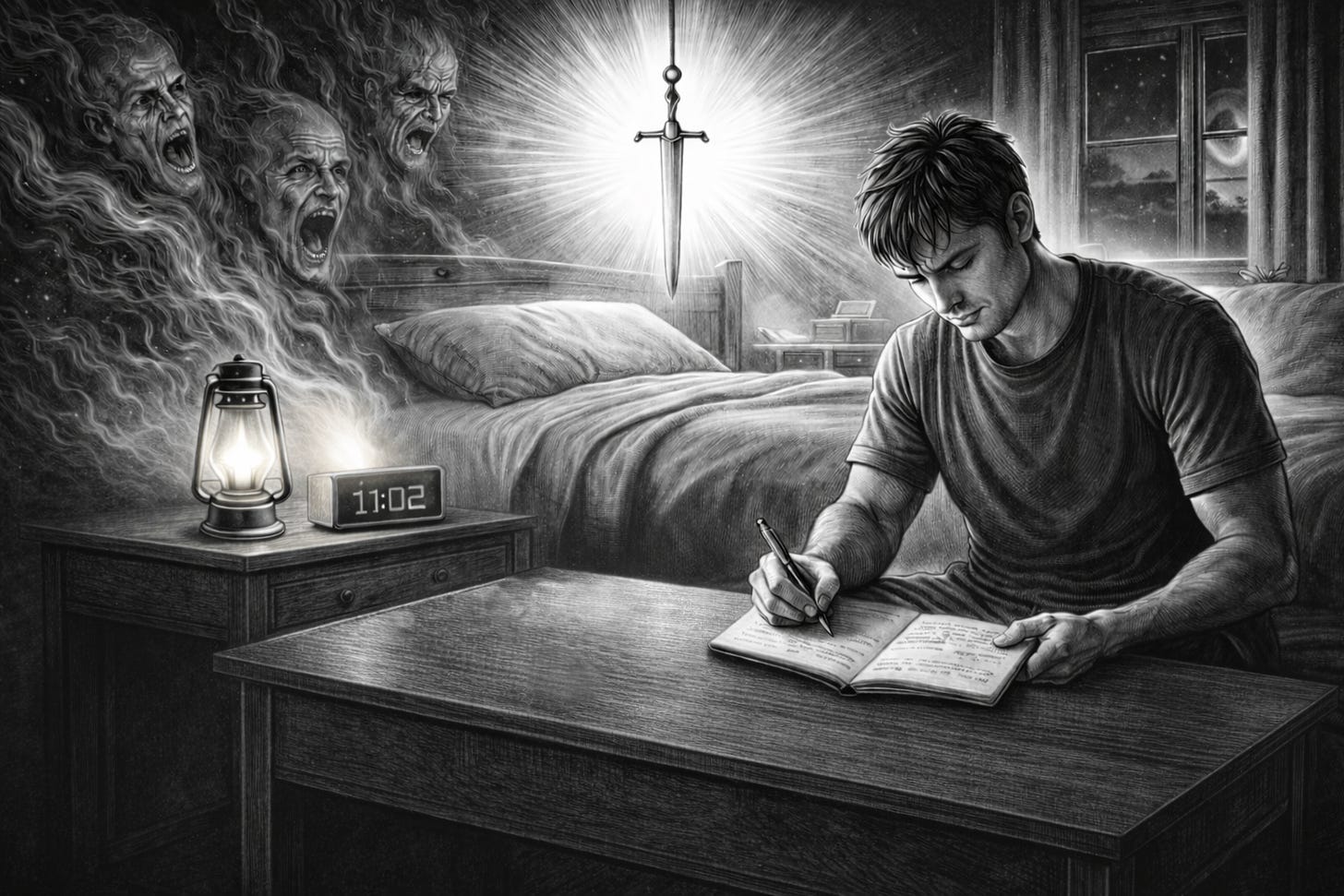 Black-and-white editorial illustration of a man writing in a notebook at a desk beside his bed late at night, while smoke-like screaming faces gather in the shadows and a glowing sword hangs above the pillow, symbolising intrusive nighttime threat, vigilance, and a racing mind. Black-and-white editorial illustration of a man writing in a notebook at a desk beside his bed late at night, while smoke-like screaming faces gather in the shadows and a glowing sword hangs above the pillow, symbolising intrusive nighttime threat, vigilance, and a racing mind.