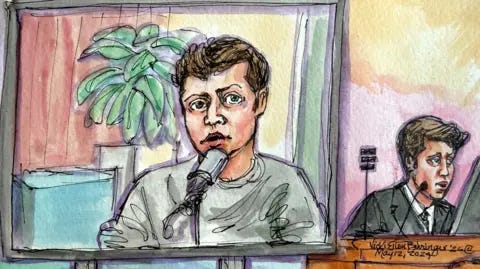 Reuters A court sketch of Sam Altman watching a screen showing himself on a podcast. Reuters A court sketch of Sam Altman watching a screen showing himself on a podcast.