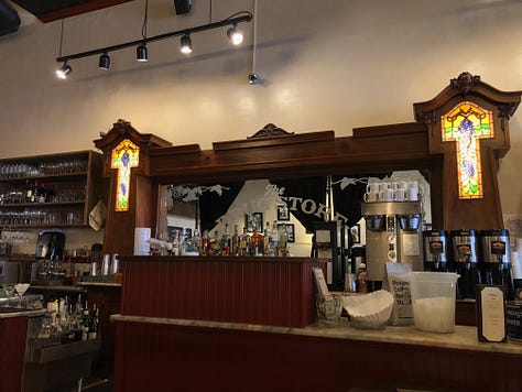 Rabalais' counter and bar, pre- and post-upgrade, plus live band.