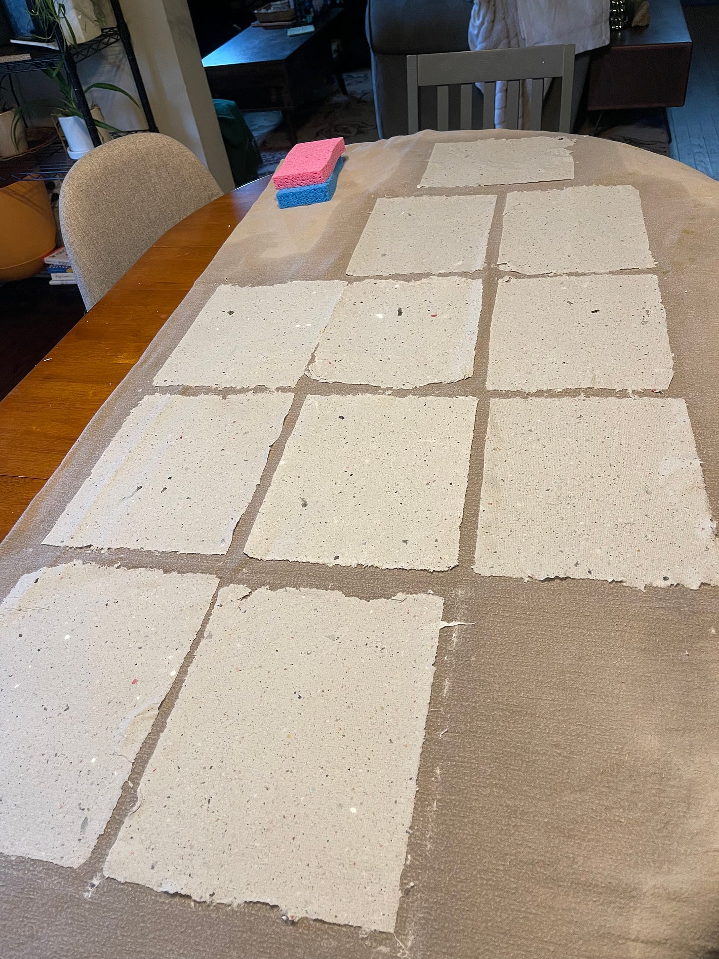 11 sheets of newly pressed recyled paper drying on a grey bedsheet draped over a brown wooden dining table. 11 sheets of newly pressed recyled paper drying on a grey bedsheet draped over a brown wooden dining table.