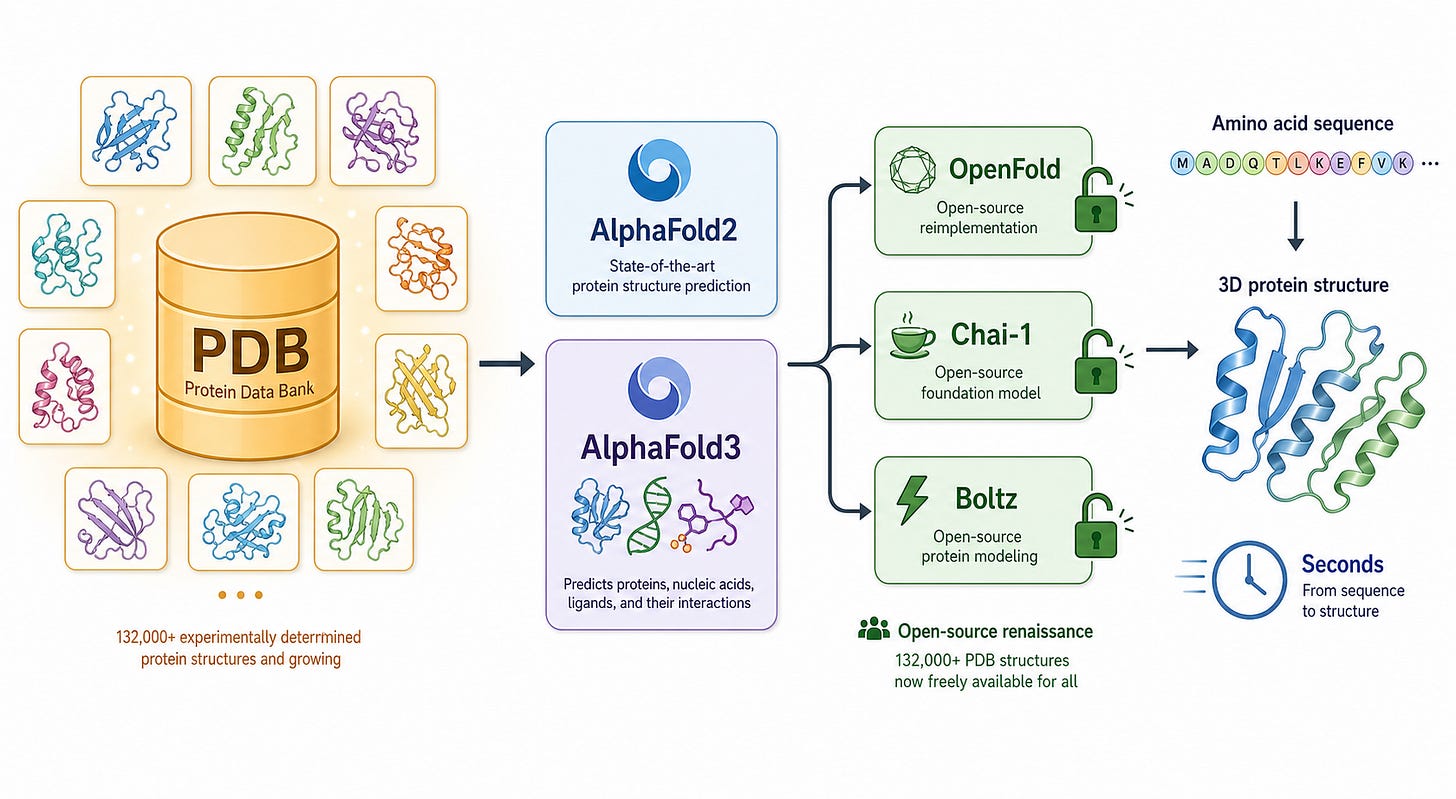BioRender-style figure showing AlphaFold2, AlphaFold3, OpenFold, Chai-1, and Boltz trained on the PDB, predicting structures in seconds. BioRender-style figure showing AlphaFold2, AlphaFold3, OpenFold, Chai-1, and Boltz trained on the PDB, predicting structures in seconds.