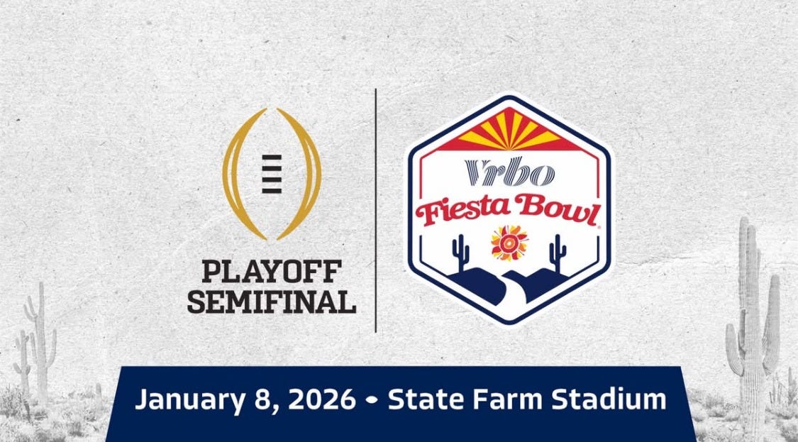 College Football Playoff semifinal logo two-lock with the Vrbo Fiesta Bowl logo, featuring the CFP gold football emblem and the Fiesta Bowl badge with desert landscape, cactus imagery, and sunburst design. Deals on seats, fan gear, and premium college football coverage at www.NattyRoad.com College Football Playoff semifinal logo two-lock with the Vrbo Fiesta Bowl logo, featuring the CFP gold football emblem and the Fiesta Bowl badge with desert landscape, cactus imagery, and sunburst design. Deals on seats, fan gear, and premium college football coverage at www.NattyRoad.com