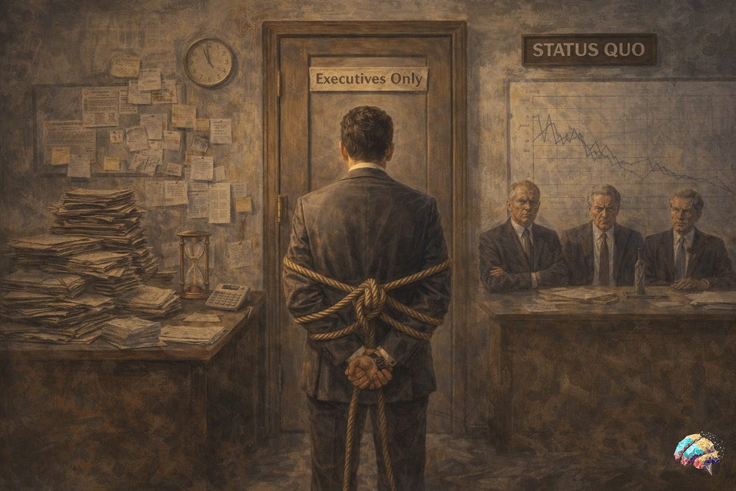 A man stands tied with rope in front of a door marked “Executives Only,” while behind him a panel of leaders sit rigidly beneath a “Status Quo” sign, surrounded by paperwork and outdated signals.