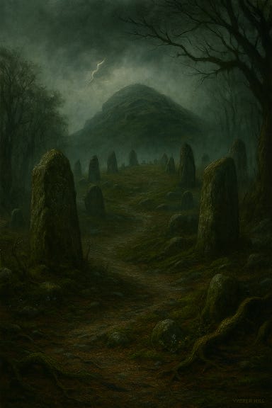A dark fantasy illustration of the base of Yester Hill from Curse of Strahd. The scene features a scorched, winding path leading uphill through thick mist. Twisted trees line the trail, their branches pulling back like held breath. The earth is spongy and reverent, ringed by ancient stone menhirs carved with blood-dark glyphs and withered runes. Faint drums echo from the summit above, and lightning flickers silently through the clouds. The atmosphere is eerie, primal, and charged with ritual energy.