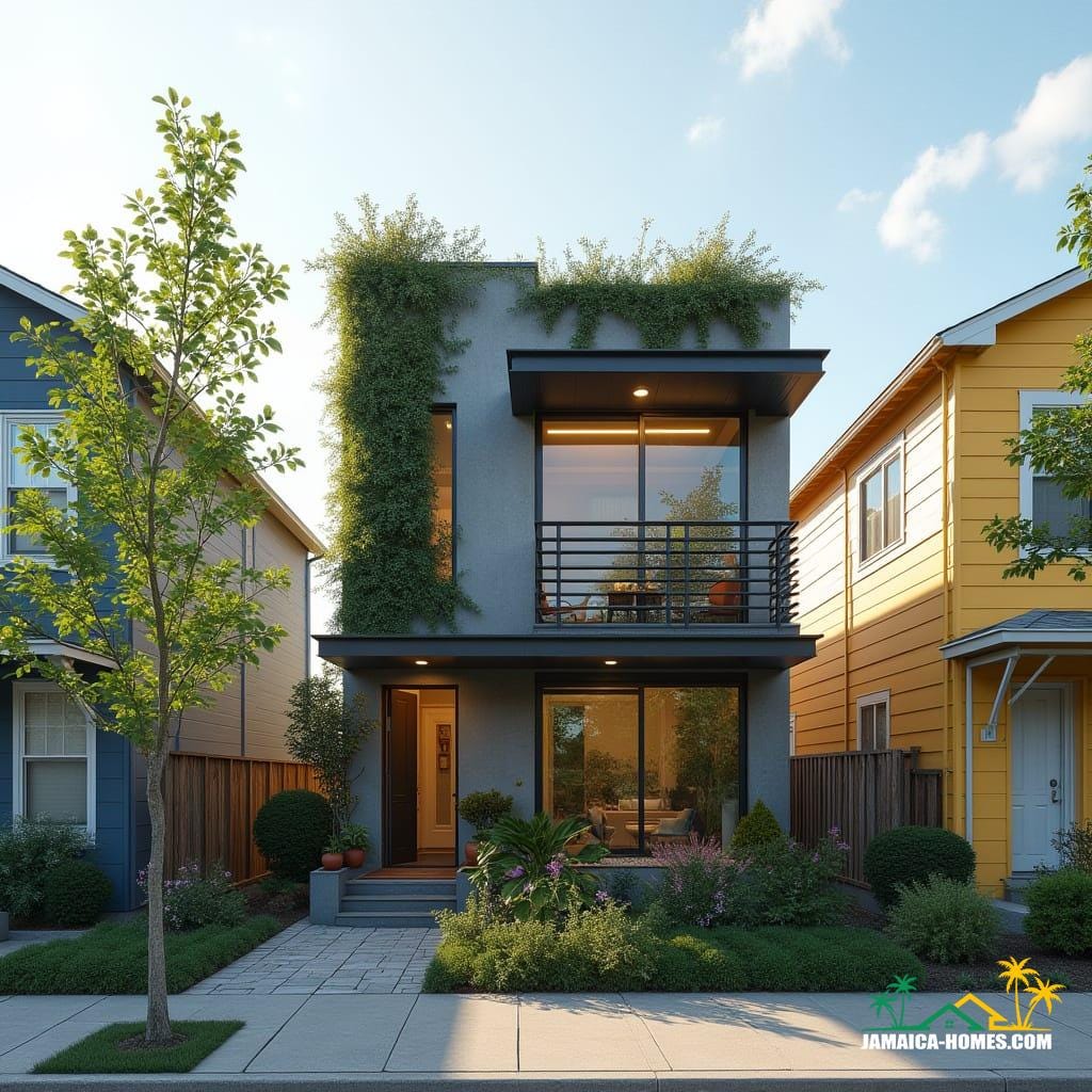 Compact urban modern home designed as a single 20-ft concrete module with an overlapping steel porch, optimized for a small suburban lot in Kingston. The facade features lush vertical gardens, and a skylight illuminates the living space. Solar panels adorn the roof, and slim horizontal windows minimize heat gain. The home is situated on a small lot between colorful neighboring houses, with a paved walkway leading to the entrance. Styled as a sleek, energy-efficient, modern urban aesthetic, presented as a cinematic film still shot on v-raptor XL with film grain, vignette, color grading, post-processing, cinematic lighting, 35mm film, live-action, best quality, atmospheric, a masterpiece, epic, stunning, dramatic.