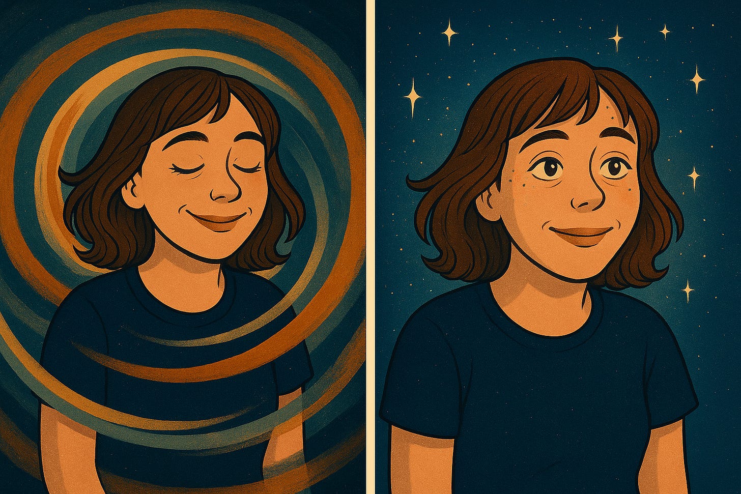 Illustrated diptych of a woman with short brown hair and hazel eyes, wearing a dark shirt. The left panel shows her with eyes closed, surrounded by swirling orange and blue vortex rings, representing hyperfocus. The right panel shows her with eyes open under a starry night sky, calm and grounded, symbolizing re-entry into the present moment.