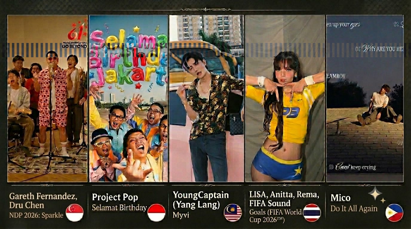 A multi-panel promotional graphic image from a newsletter titled f1726e1c-a8e7-4195-a8a6-93353ccc1628_1376x768.webp. The image is split into five vertical sections, each showcasing a prominent Southeast Asian musical release from June 2026, labeled with the artist name, song title, and a circular national flag icon at the bottom:  Panel 1 (Singapore 🇸🇬): Labeled "Gareth Fernandez, Dru Chen – NDP 2026: Sparkle". It depicts singers performing energetically in a studio under a "61 GO BEYOND" National Day Parade logo.  Panel 2 (Indonesia 🇮🇩): Labeled "Project Pop – Selamat Birthday". It displays members of the comedy-pop group making funny faces beneath colorful, balloon-like text that reads "Selamat Birthday Jakarta".  Panel 3 (Malaysia 🇲🇾): Labeled "YoungCaptain (Yang Lang) – Myvi". It features a man in a patterned shirt leaning casually against a classic yellow Perodua Myvi car.  Panel 4 (Thailand 🇹🇭): Labeled "LISA, Anitta, Rema, FIFA Sound – Goals (FIFA World Cup 2026™)". It captures Thai superstar LISA dancing in a yellow and blue athletic crop-top outfit.  Panel 5 (Philippines 🇵🇭): Labeled "Mico – Do It All Again". It shows an artist sitting on a rooftop under a gloomy sky with stylized lyric text overlays.