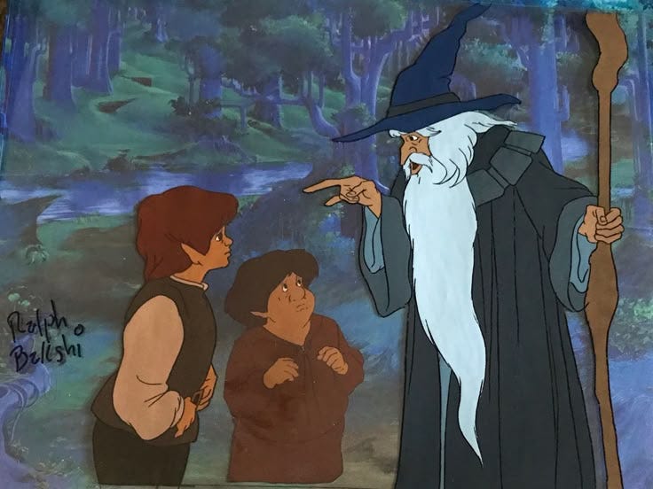 This may contain: the wizard and his friends are talking to each other in front of a forest scene